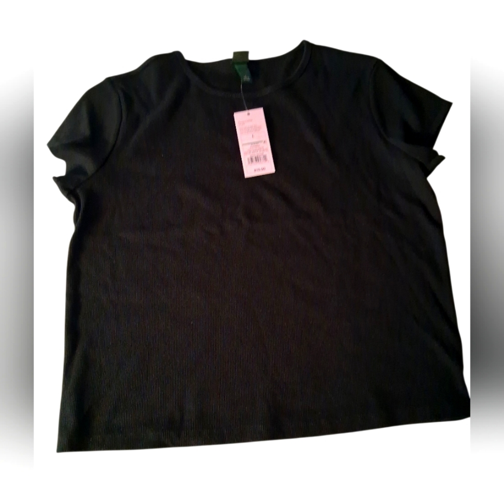 Classic Black Ribbed Short Sleeve Women's Top Size L